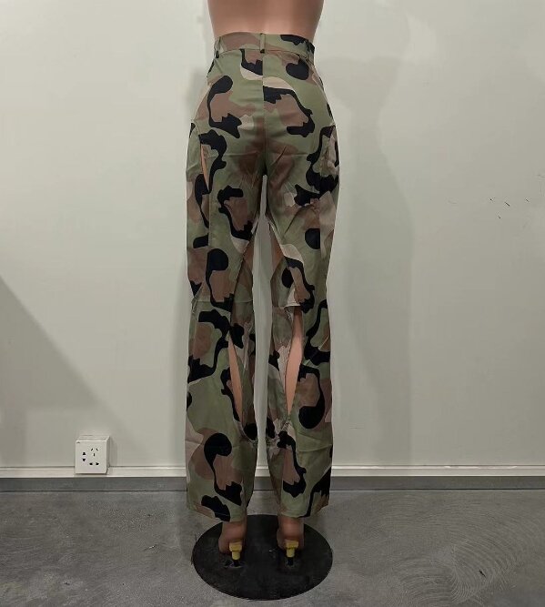 Printed Perforated Cross Work Suit Straight Pants 2023 Women's Street Trendsetter Fashion Broken Hole Mid Waist Workwear Pants