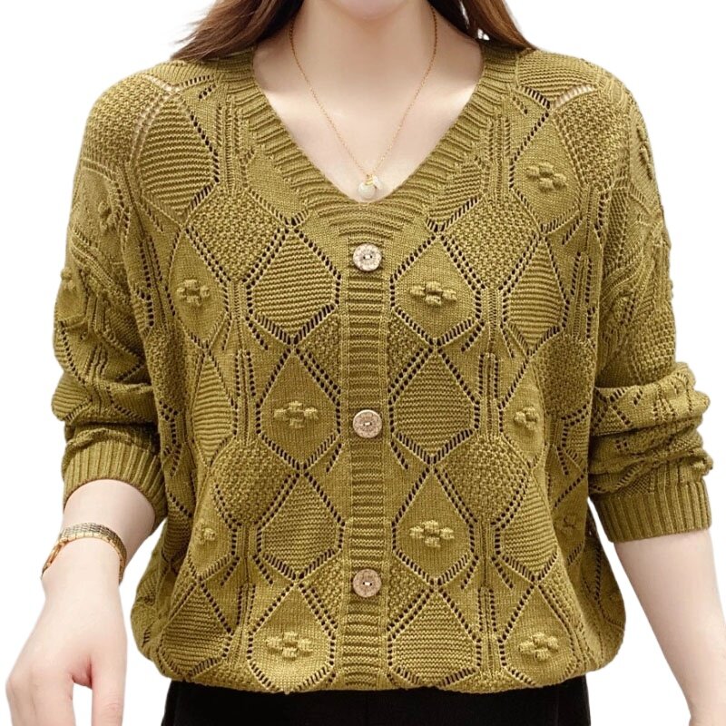 Camiseta de punto calada con cuello en V para mujer, suéteres de retazos con botones lisos, ropa informal que combina con todo, moda de otoño