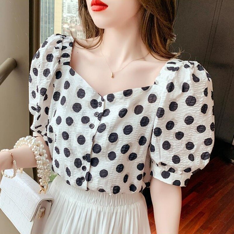 Temperament Elegant French Style Summer Square Neck Women's Polka Dot Button Puff Sleeve Fashion Chiffon Shirt Short Sleeve Tops