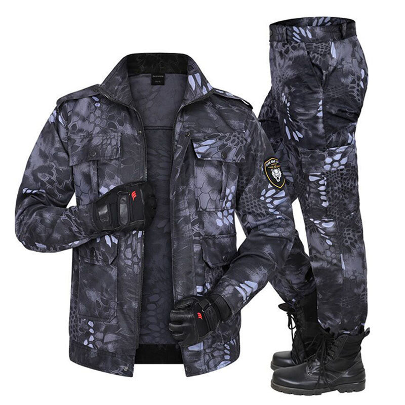 Snake Camo Tactical Sets Men Autumn Multi-pocket Wear-resistant Jackets+Breathable Straight Cargo Pants 2 Pcs Suits Training Set
