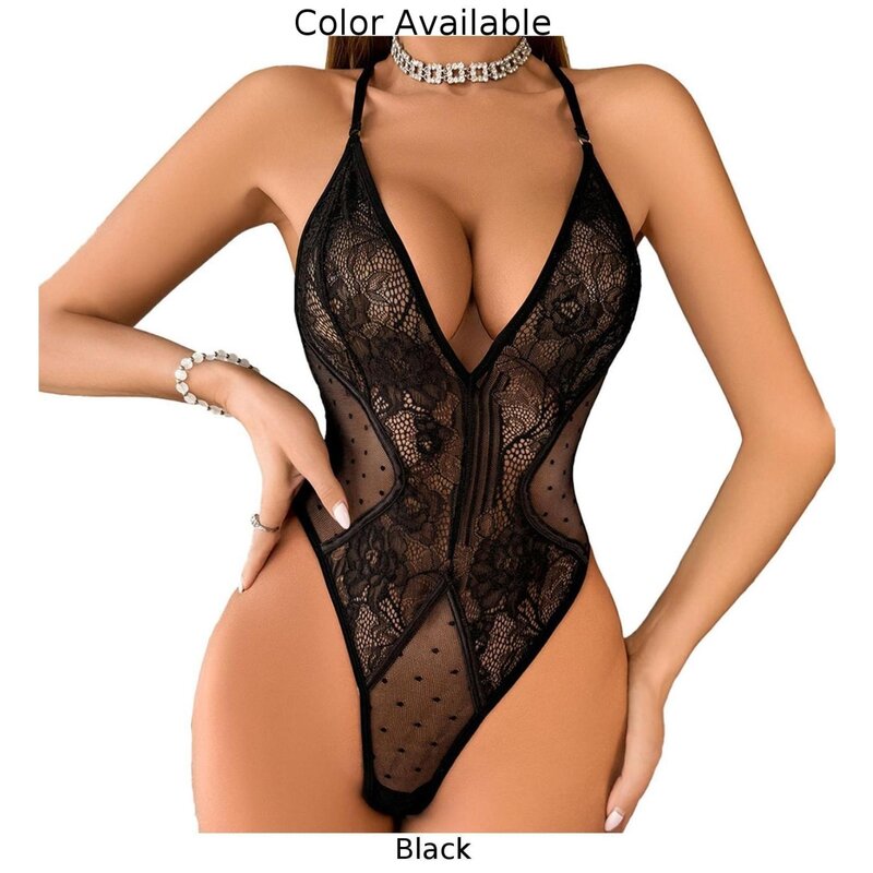 Womens Sexy Underwear Embroidered Mesh Cross Straps See-through Lace Bodysuit