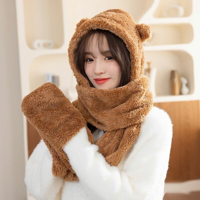 Soft Fleece Bear Ear Hat Scarf Hat Scarf Gloves One Piece Double Layer Thickened Plush Neck Hats Ear Protector