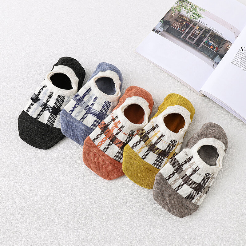 5 Pairs Women Plaid Boat Socks Spring Summer Non-slip Casual Cotton Ankle Socks Comfortable Female Shallow Mouth Invisible Socks
