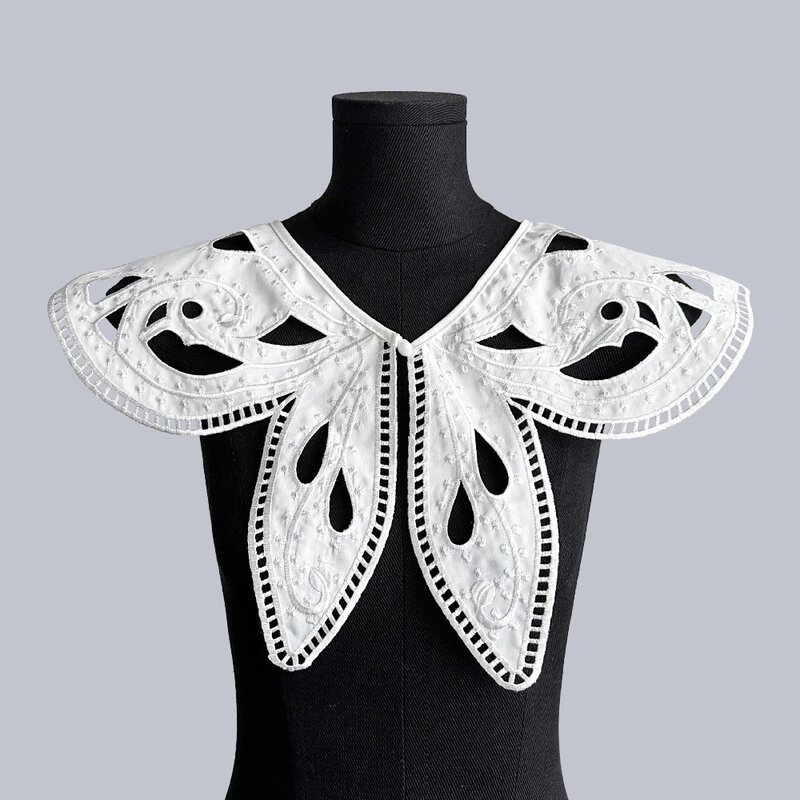 Vestido de decoración de blusa para mujer, cuello de encaje, chal con cordones, bordado, ahuecado, capa de cuello falso, collares falsos
