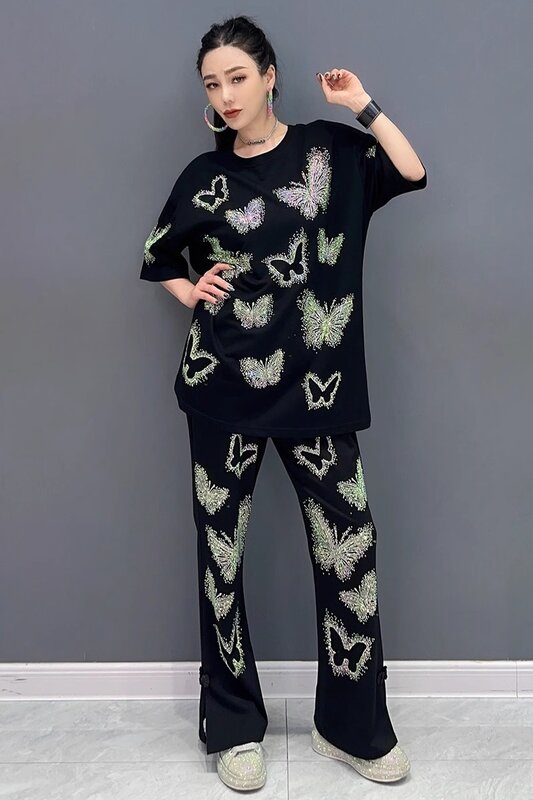 2024 Summer New Women's Fashion Heavy Embroidery Diamond Drills Butterfly Short-Sleeve Top Bootleg Pants Casual Suit 2 Piece Set