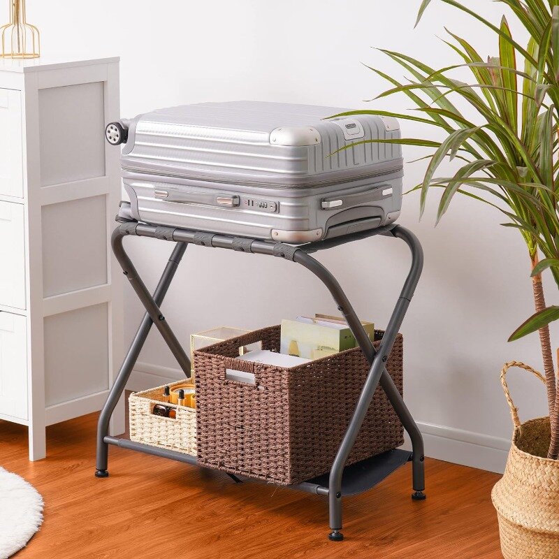 Heyblm-bagageiro dobrável, conjunto de 2 malas de aço, com prateleira para arrumar, para quarto de hóspedes, quarto, hotel, cinza ou preto