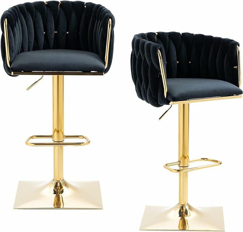 Барный стул, бархатные тканые барные стулья, регулируемая высота, фотостул с низкой спинкой и золотой основой для кухонного островка,