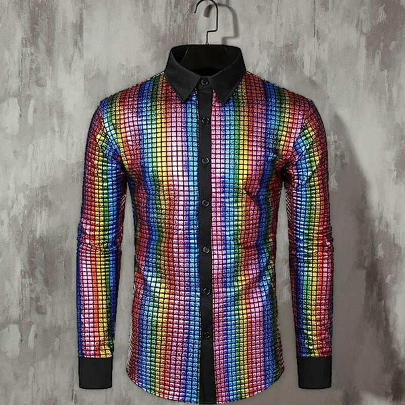 Camisa de cuello alto para hombre, camisa de discoteca con lentejuelas brillantes para Club, baile, actuaciones en escenario, cuello alto