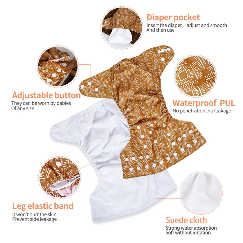Happyflute popok kain bayi baru lahir, 3 buah/set dapat digunakan kembali tahan air ramah lingkungan dapat disesuaikan popok saku kain Suede