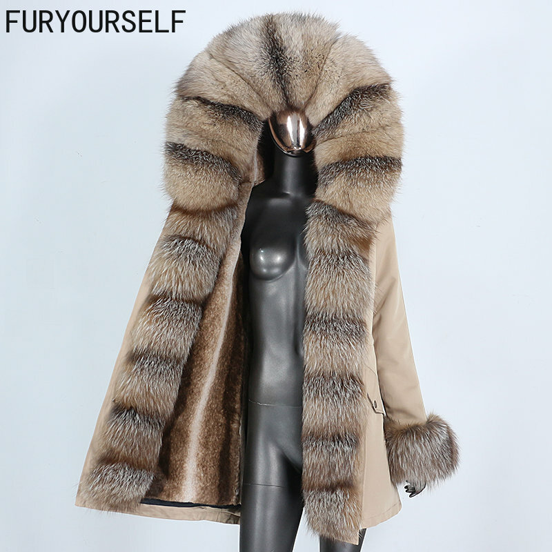 Furyaly 2023 wodoodporny, długi kurtka zimowa kurtka damska płaszcz z prawdziwego futra lis naturalny futerko z kołnierzem z kapturem ciepła odzież uliczna odpinana