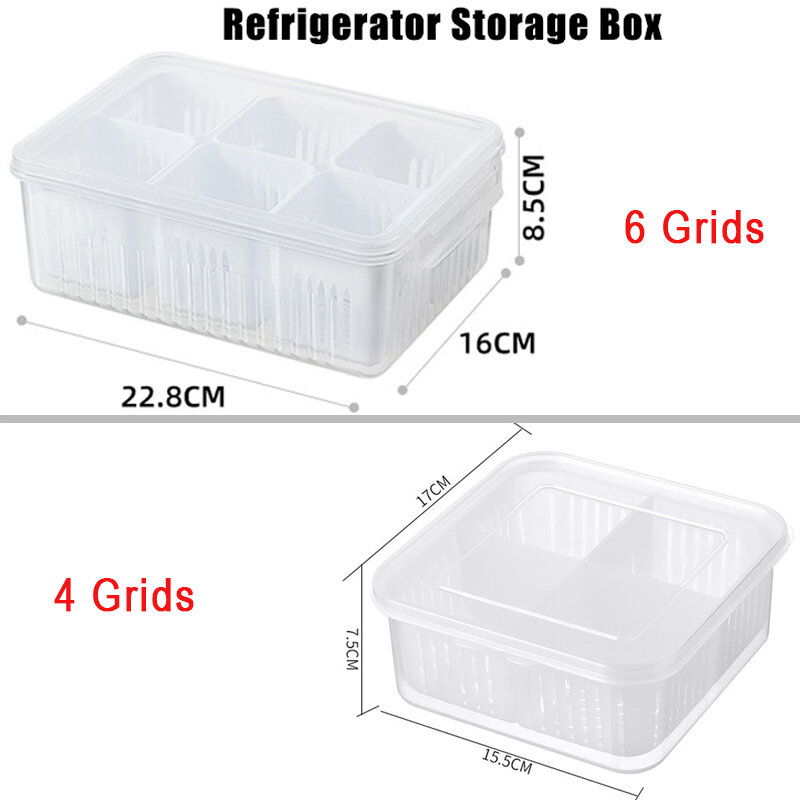 Refrigerator Storage Box 4/6 Grid Food Vegetable Fruit Storage Box Fridge Organizer Drain Basket Meat Onion Ginger Clear Crisper