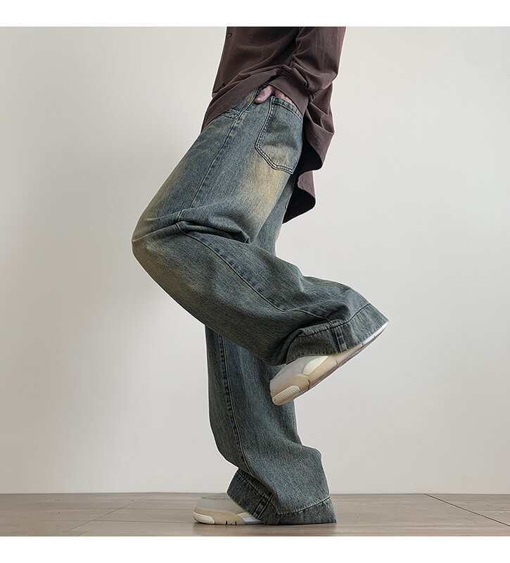 Винтажные синие джинсовые брюки для мужчин, потертые брюки из денима с широкими штанинами, уличная одежда в стиле оверсайз, модные повседневные мешковатые прямые джинсы