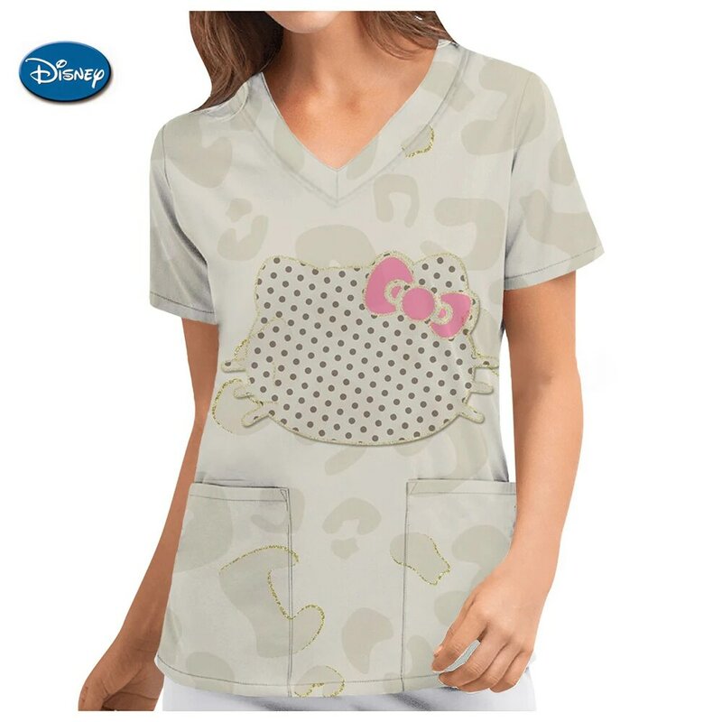 Uniforme de enfermera con estampado de Hello Kitty para mujer, Blusa de manga corta con bolsillos, para el cuidado de la salud, Y2K