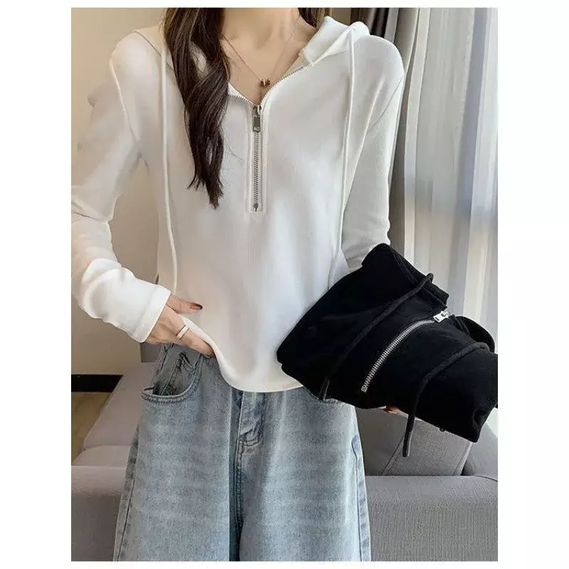 Primavera coreano Streetwear Zip Up T-shirt donna Vintage Sexy Solid Cardigan con cappuccio manica lunga Y2k top tuta vestiti 후
