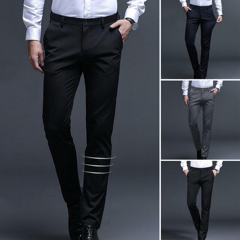 Męskie spodnie garniturowe proste dopasowane antyzmarszczkowe jednolite kolorowe kieszenie z wysokim stanem, miękkie oddychające gładkie cienkie spodnie biznesowe