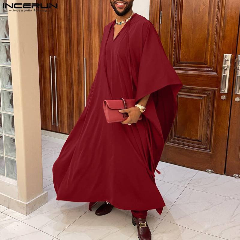 INCERUN 2023 Muslim Style Jubba Thobe Mens Casual Simple V-neck Lace Design Robe Streetwear Well Fitting Short Sleeve Robe S-5XL