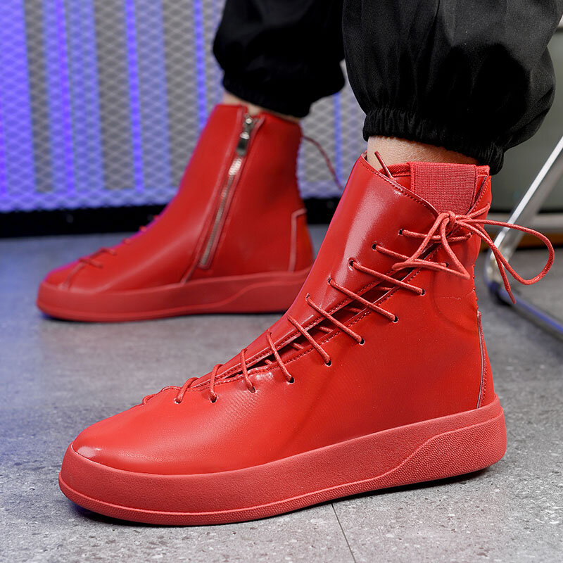 Fashion Strap Men's Red High-Top Shoes Comfortable Pu Leather Casual Man Sneakers Street Hip Hop Platform Designer Shoes For Men