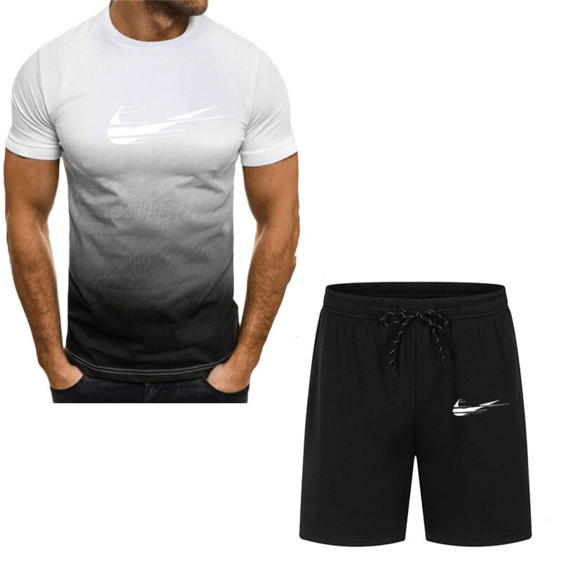 Terno esportivo casual de duas peças masculino, shorts de manga curta, padrão bonito impresso, tamanho grande, novo, 2024