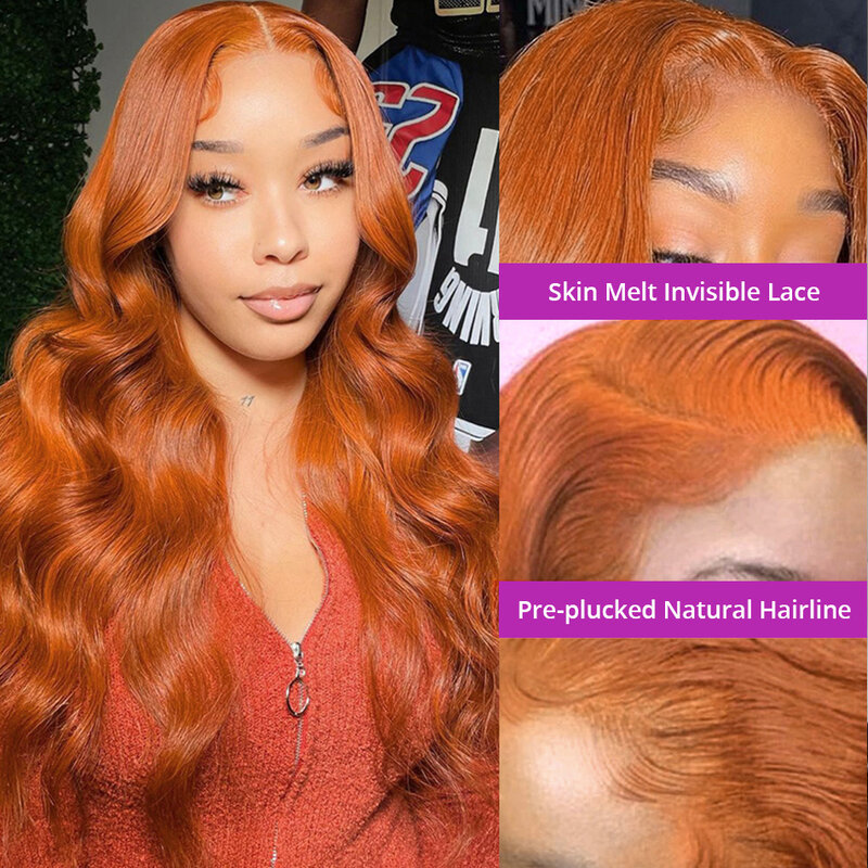 Peluca de cabello humano ondulado para mujer, pelo de 30 pulgadas, 13x4, 13x6, naranja jengibre, HD, sin pegamento