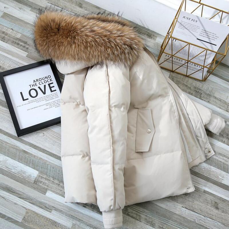 인조 모피 후드 따뜻한 다운 재킷 및 코트 여성용, 봉제 지퍼, 단색, 두꺼운 포켓 지퍼, 겨울 파카 코트