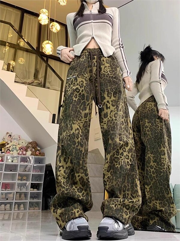 HOUZHOU-pantalones de chándal de leopardo Vintage para mujer, pantalones Cargo holgados con estampado Animal, Jogger de tiro alto, pantalones deportivos de estilo coreano, Primavera, Y2k