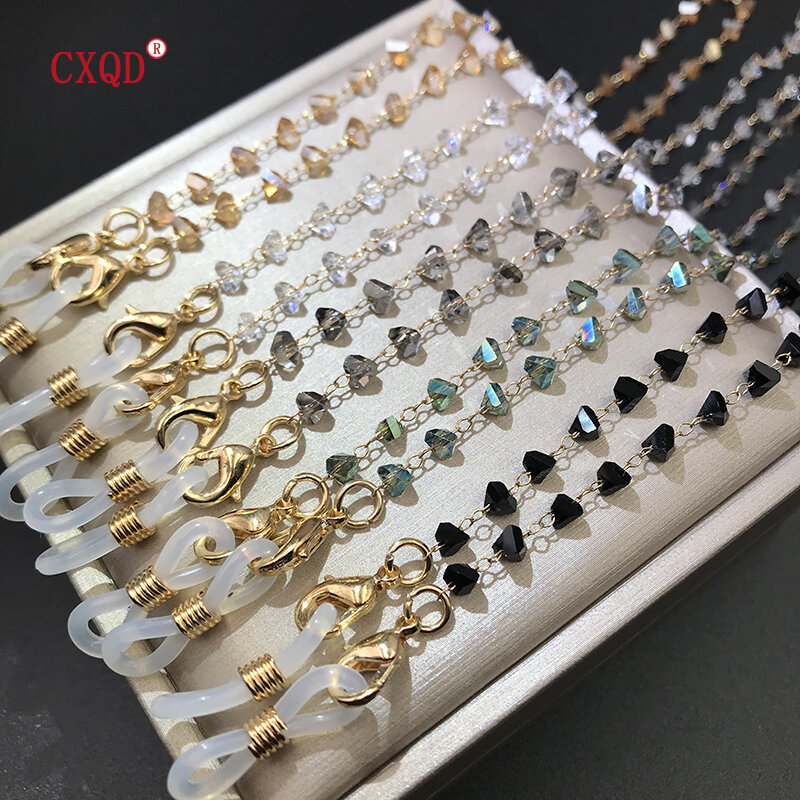 Lunettes de soleil pour femmes, masque, chaînes, 4mm, Triangle, cristal, perles, lanière, bijoux à la mode, accessoires de cou suspendus