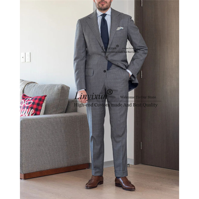 Abu-abu Setelan Pria Blazer Bisnis Formal Pernikahan Pengantin Pria Tuksedo Slim Fit Pria Terbaik 2 Potong Set Jamuan Jaket Prom Celana Kostum Homme