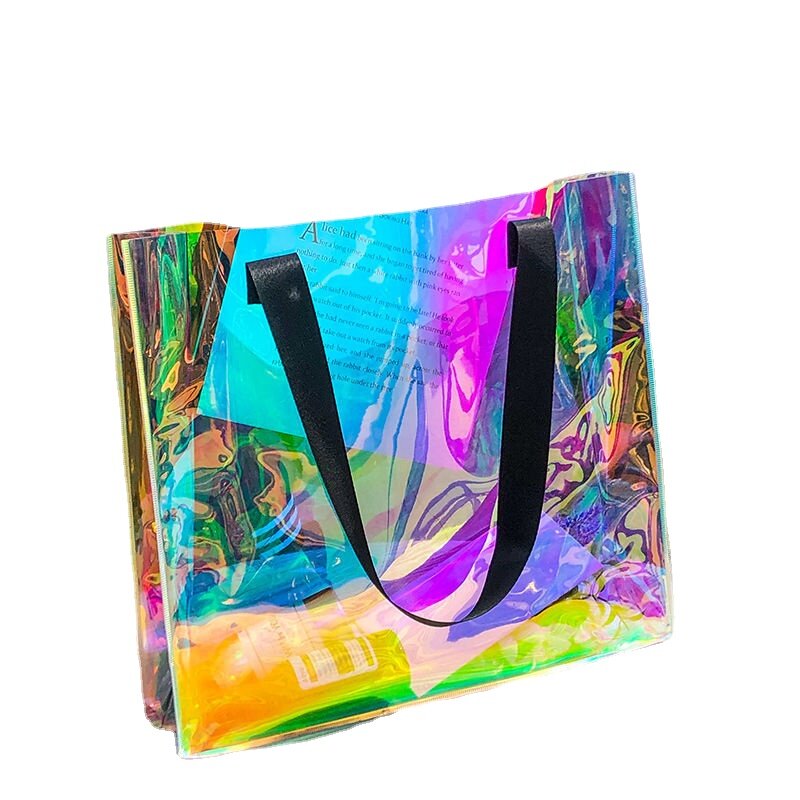 Sac laser en PVC transparent pour femme, sac en plastique, sac fourre-tout, grande capacité, sac à provisions étanche, sac cadeau, mode initiée, été