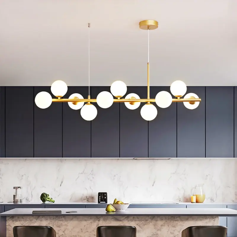 Подвесной светильник в скандинавском стиле, потолочная лампа золотого цвета с стеклянными элементами, 11 насадок, для кухни, гостиной, столовой