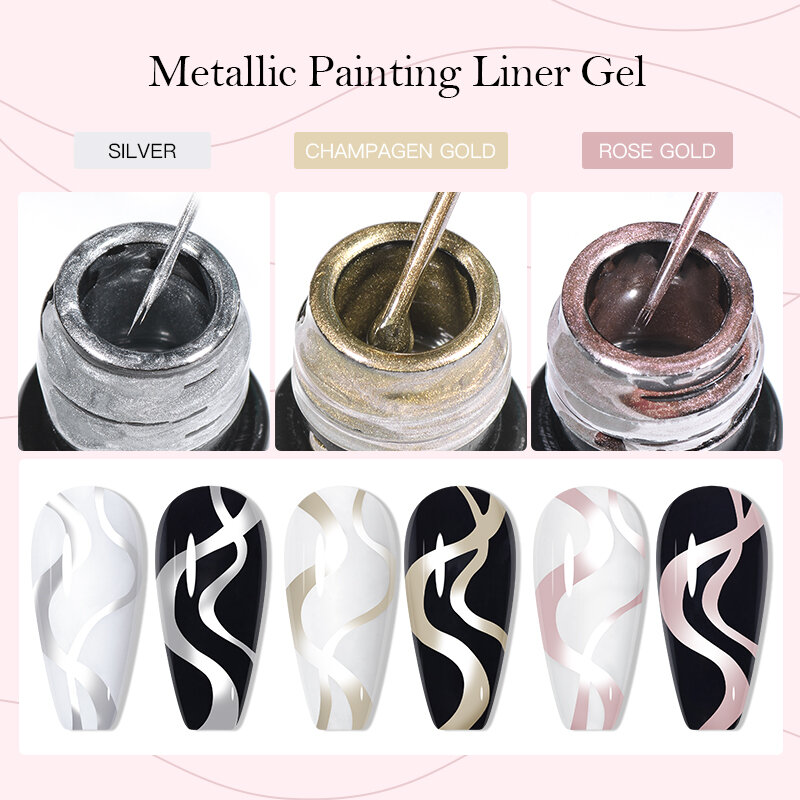 MEET ACROSS Metallic Gold Sliver Pink 5ml Liner Gel Nail Art Polish Painting Mirror Gel Graffiti Stripe Design Varnish DIY