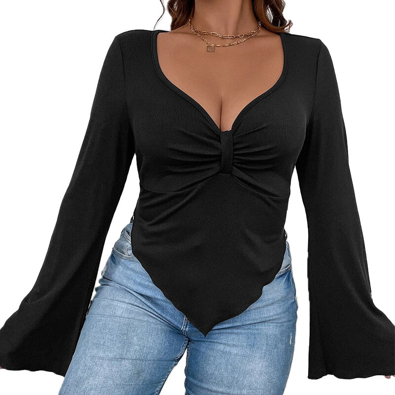 Plus Size Dames Elegante Tops Onregelmatige Zoom Uitlopende Mouw Gebreid T-Shirt 2023 Herfst Winter Nieuwe Mode Casual Effen Kleur Pullover