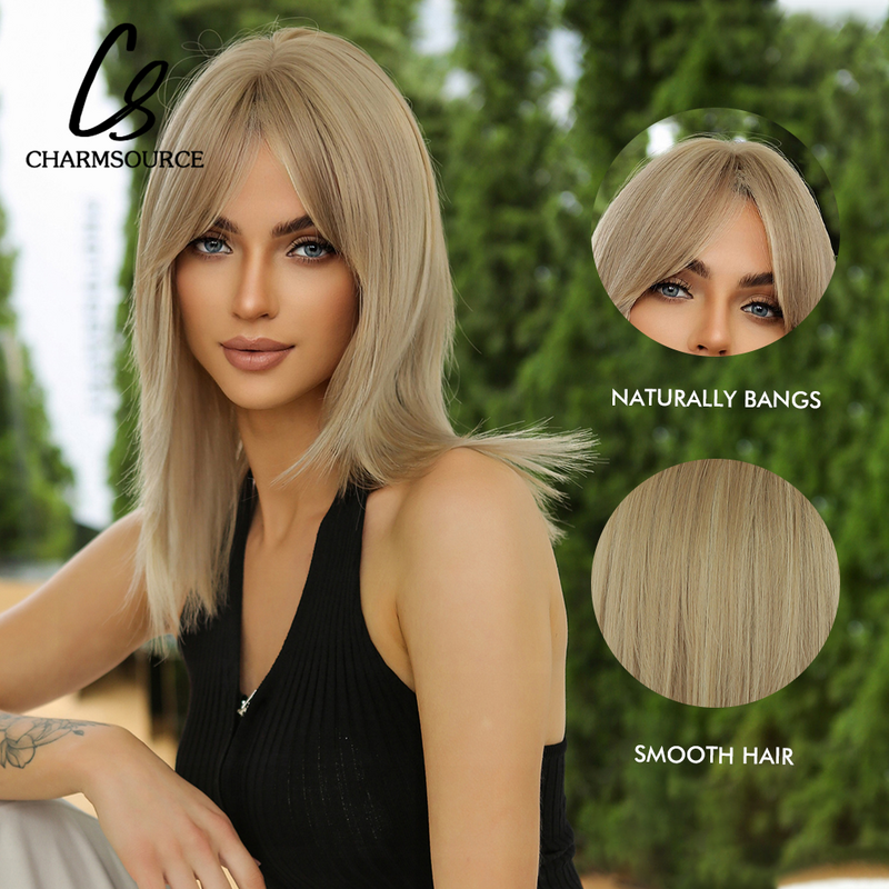 CharmSource Short Straight Platinum Blonde Synthetic Wigs with Bang Bob Wig for WomenCosplay Party Daily Hair Heat Resistant