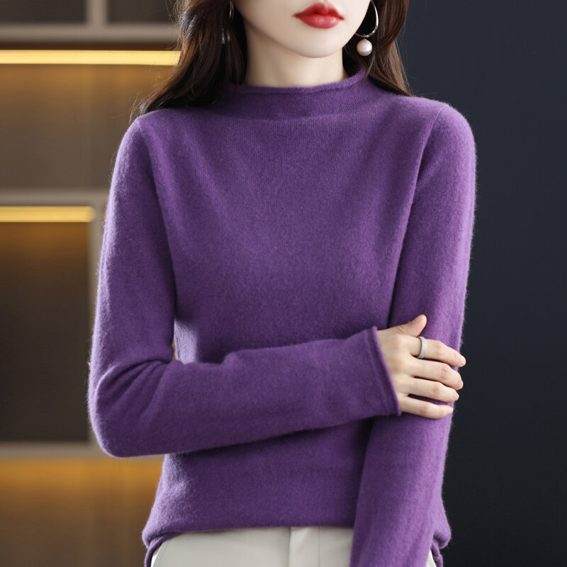 Suéter de punto de lana pura para mujer, suéter holgado de Cuello medio alto, Jersey cálido de manga larga, moda coreana, tendencia, Otoño e Invierno