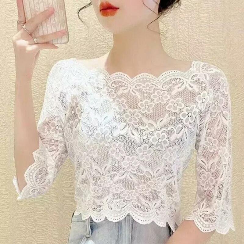 Blusa elegante de encaje para mujer, Tops recortados, camiseta Floral transparente bordada, Sexy, Verano