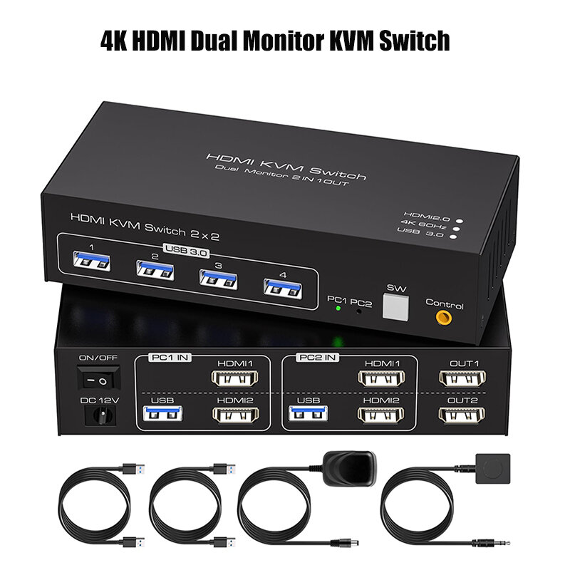 KVM-переключатель 4K HDMI с двумя мониторами, 2 монитора, 2 компьютера, 4K @ 60 Гц, USB 3,0 KVM-переключатели для 2 ПК или ноутбуков, совместное использование клавиатуры и мыши