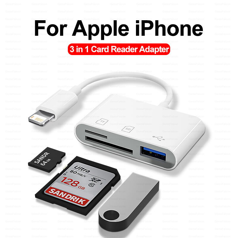 Conversor de câmera USB C para iPad, Adaptador OTG para laptop Android, Leitor de cartão SD TF 3 em 1, Apple iPhone 14 12 13 11 Pro Max XR e XS