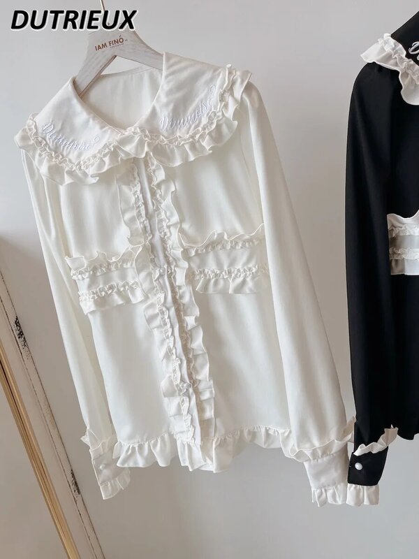 Japanese Style Origin Color Matching Cross Wooden Ear Polo Collar Tops Lace-up Slimming Sweet Girls Long-Sleeved Shirt