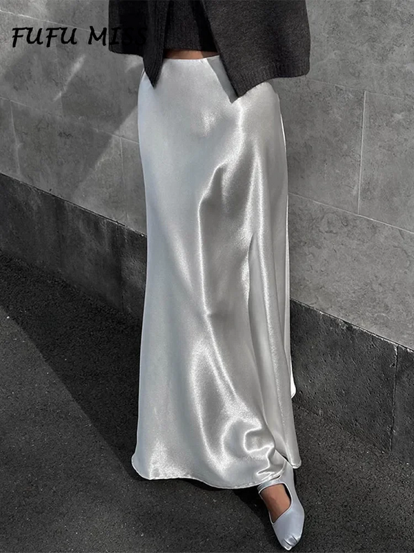 Элегантные атласные свободные макси-юбки для женщин, эластичная юбка трапециевидной формы с высокой талией, Женская Офисная модная юбка в стиле High Street