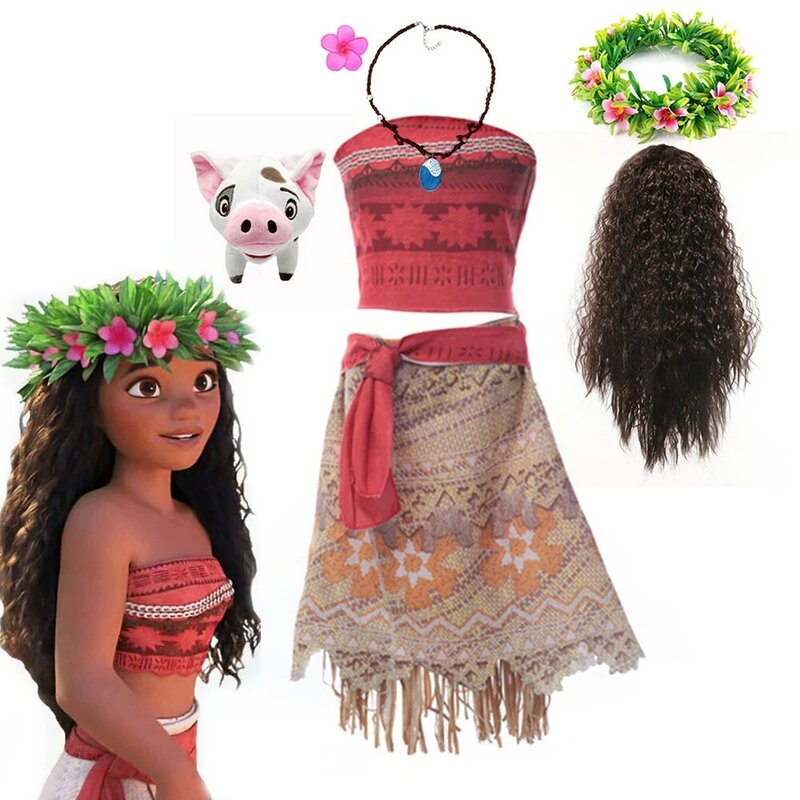 Disney-vestido de Moana para niñas, disfraz de princesa Vaiana con Collar, conjunto de pollitos de cerdo y mascota para fiesta de cumpleaños