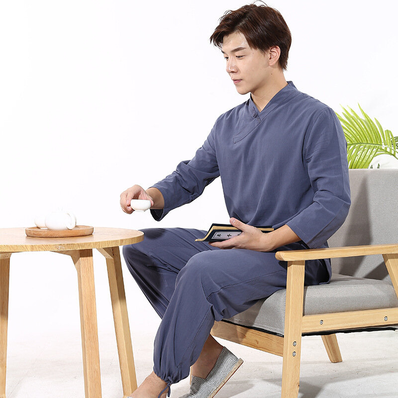 Chinese Style Men Clothing Cotton Linen Hanfu Tang Suit Ancient Retro Zen Tea Taoist Wushu Kung Fu Tai Chi Tops Pants Uniform