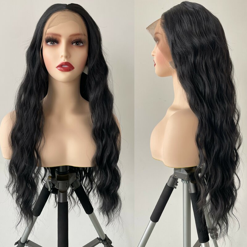 Peluca ondulada de parte media negra larga para mujer, cabello de fibra resistente al calor, pelucas delanteras de encaje sintético, uso diario en fiestas
