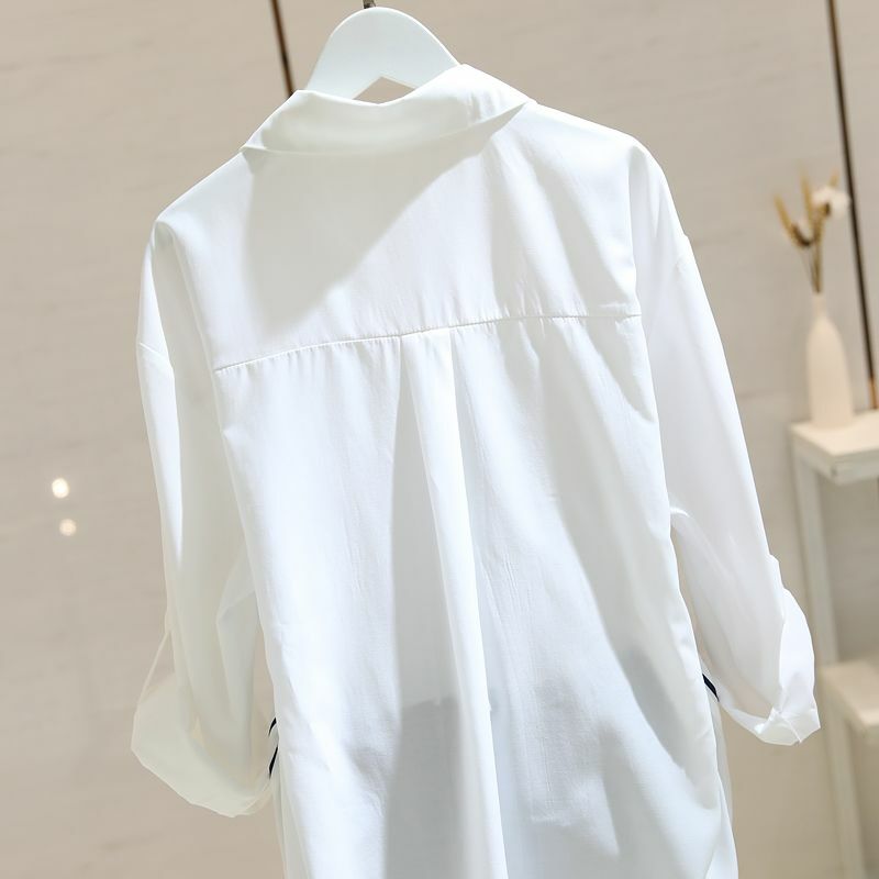 Blusa branca fina feminina com emenda de listras, camisa pequena com sentimento, casual e confortável, solta, nova, primavera e outono, 2023