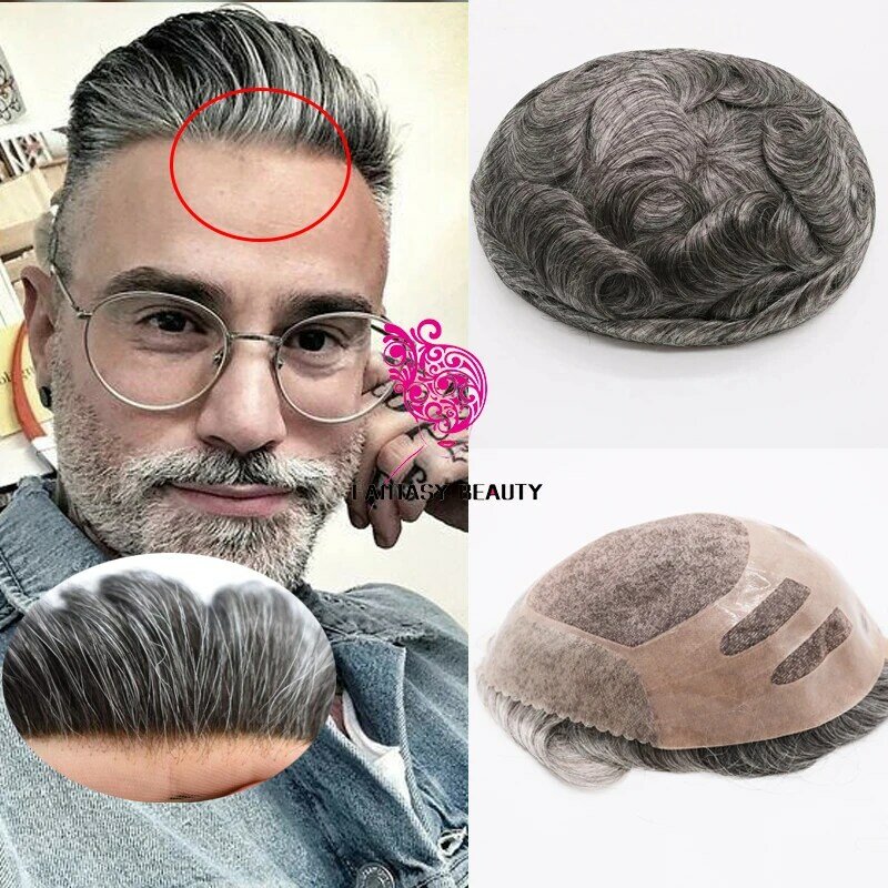 Peluca de cabello humano transpirable para hombres, Base de encaje suizo NPU #1B65, cabello Remy gris, tupé adhesivo duradero, prótesis capilar