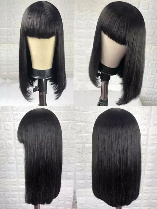 Pelucas de cabello humano 100% para mujer, pelo largo y liso con flequillo, brasileño, sin pegamento, hecho a máquina con flequillo de 30 pulgadas
