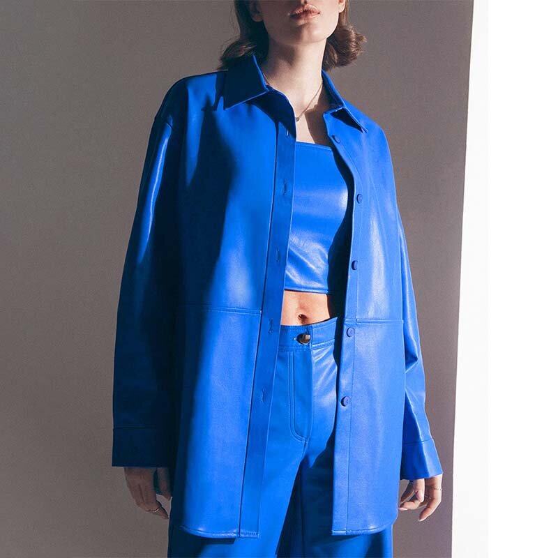 레더 자켓 Y2k 패션 클라인 블루 매트 PU 가죽 긴 소매 카디건 셔츠, 하이 스트리트 싱글 브레스트 레이디 코트