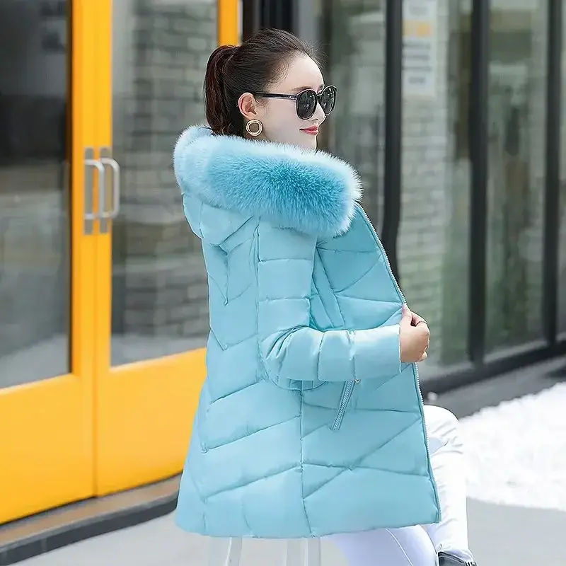 Colarinho de pele feminino com capuz Parkas, jaquetas de algodão finas com zíper coreano, comprimento médio, casacos acolchoados, quente, inverno, novo