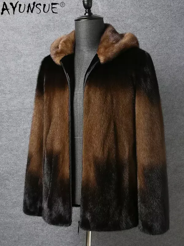 AYUNSUE Brand Natural Mink Fur Jackets for Men Hooded Winter Casual Slim Real Mink Fur Coat Top Mens Jacket Jaqueta Masculina