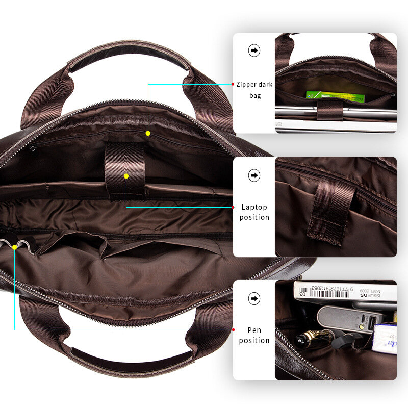 Men's Briefcase Cowhide Leather Large Capacity Business Casual Laptop Shoulder Crossbody Messenger Bag