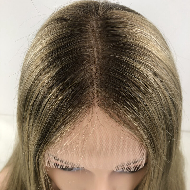 Peruca de cabelo humano kosher-remy para mulheres brancas, marrom com destaques, estilo reto longo, top de renda suíço, sheitels de pequena camada