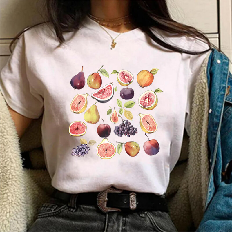 Kemeja grafis buah untuk wanita, kemeja buah Fig wanita Vintage kaus buah estetika trendi lengan pendek Retro untuk wanita